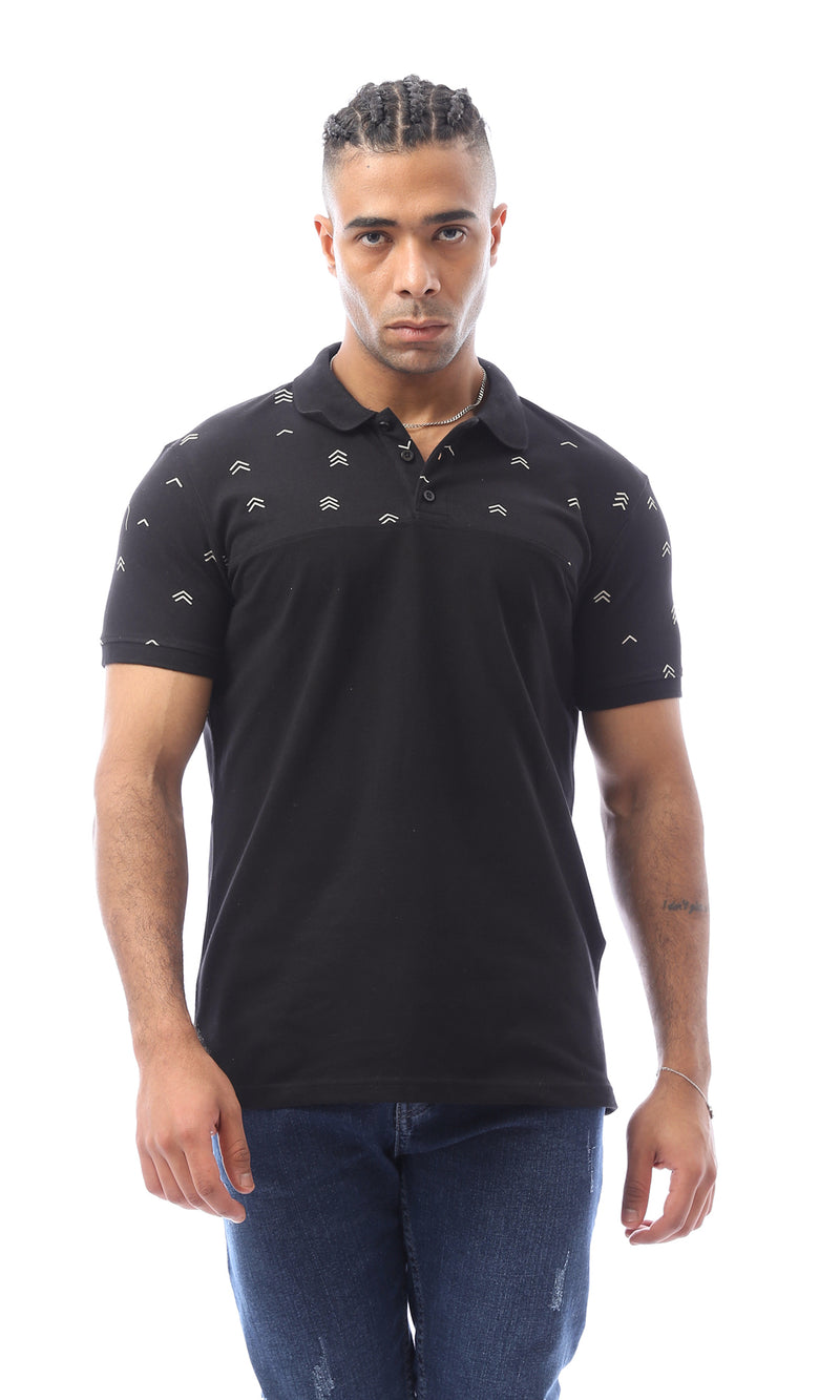 O166552 Black Polo Shirt With Patterned Shoulders