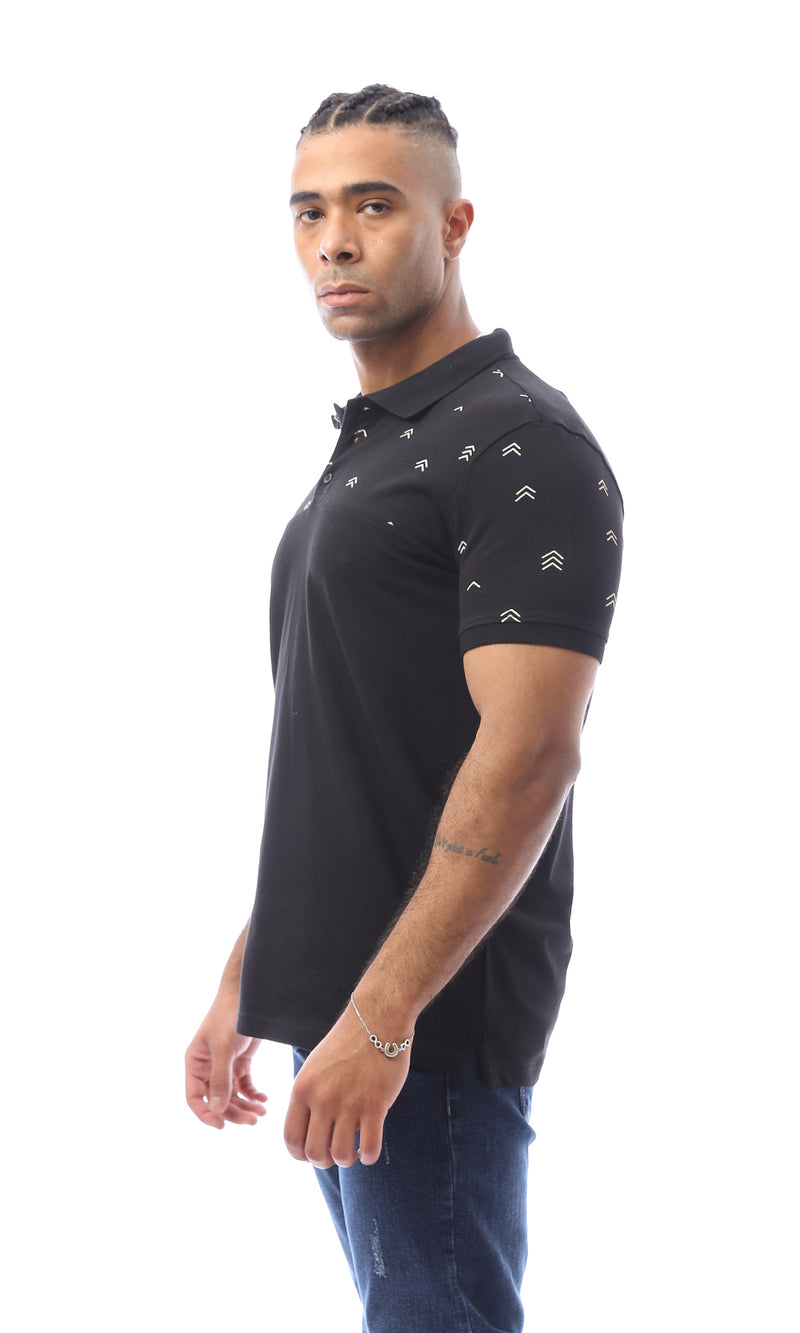 O166552 Black Polo Shirt With Patterned Shoulders