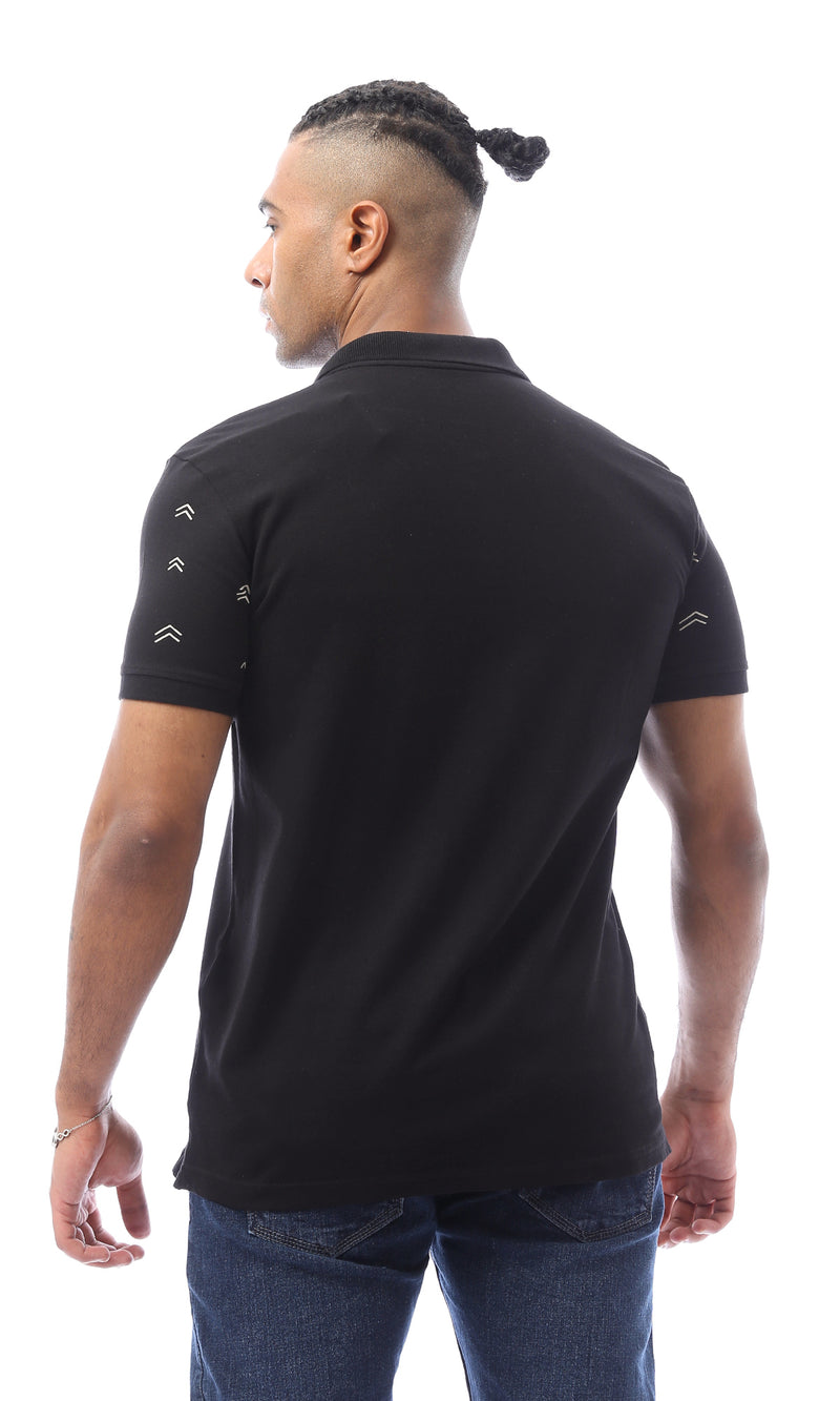 O166552 Black Polo Shirt With Patterned Shoulders