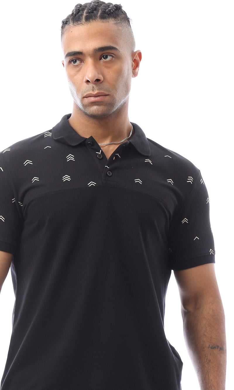 O166552 Black Polo Shirt With Patterned Shoulders