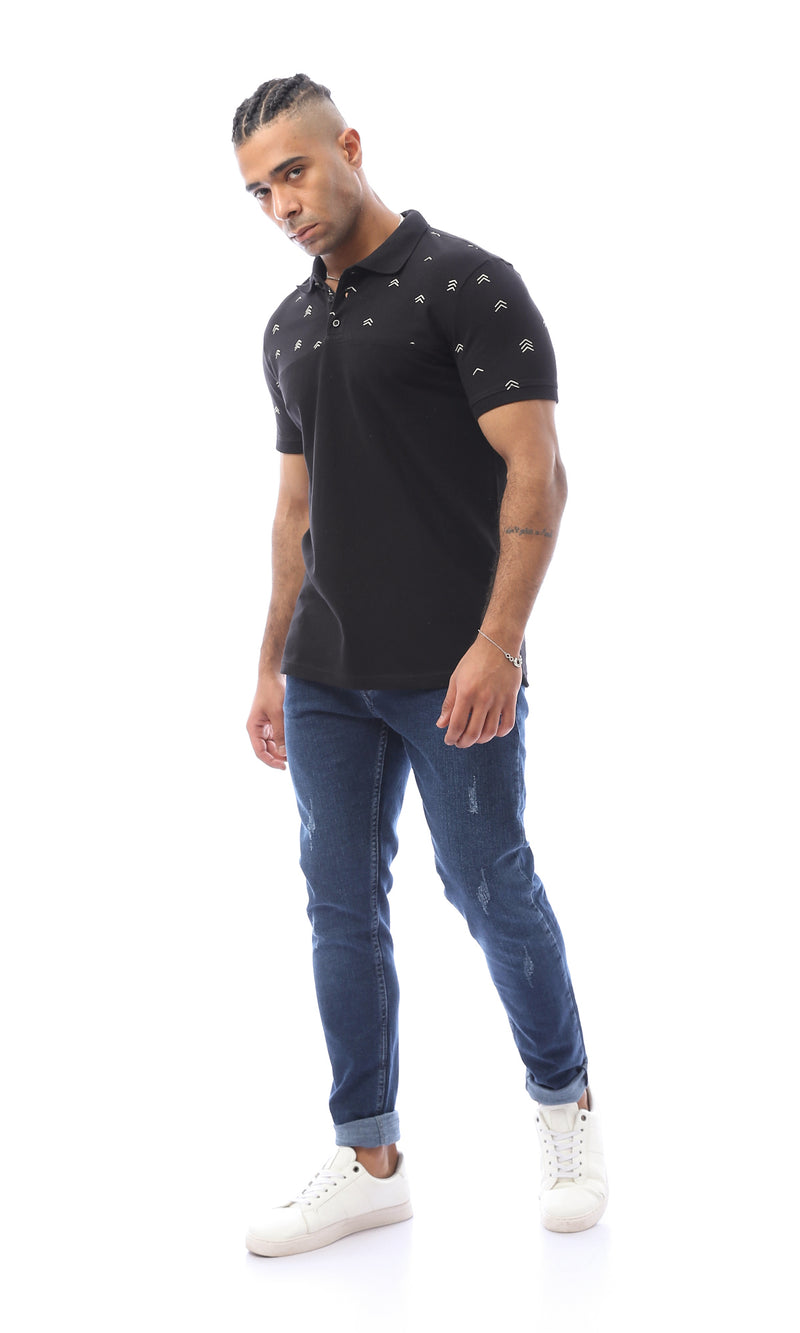 O166552 Black Polo Shirt With Patterned Shoulders