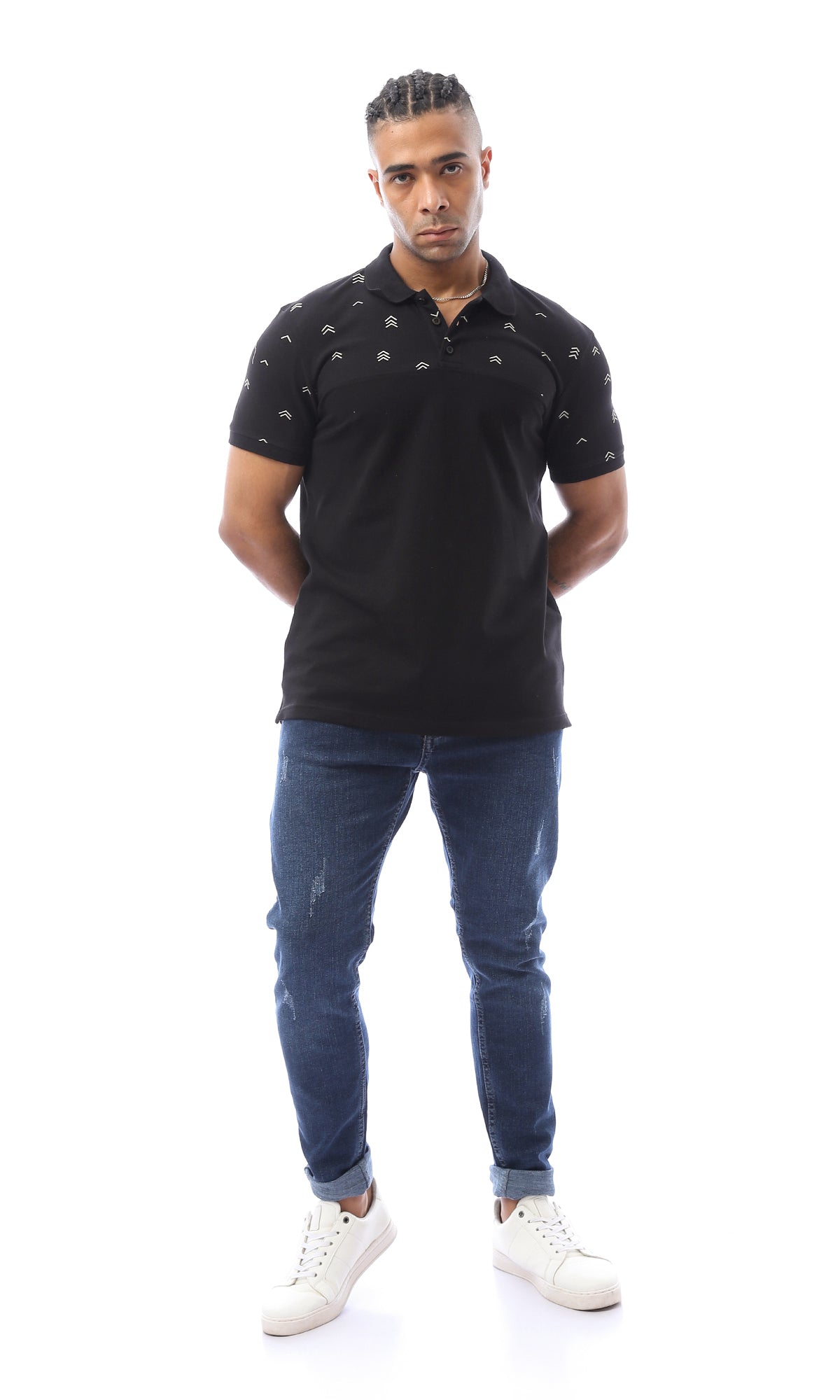 O166552 Black Polo Shirt With Patterned Shoulders