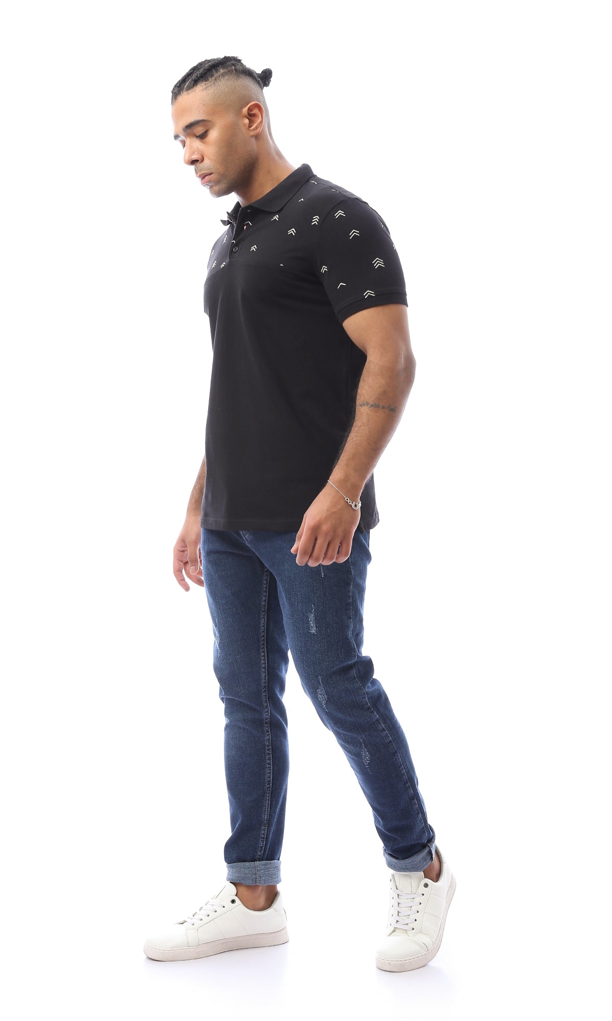 O166552 Black Polo Shirt With Patterned Shoulders