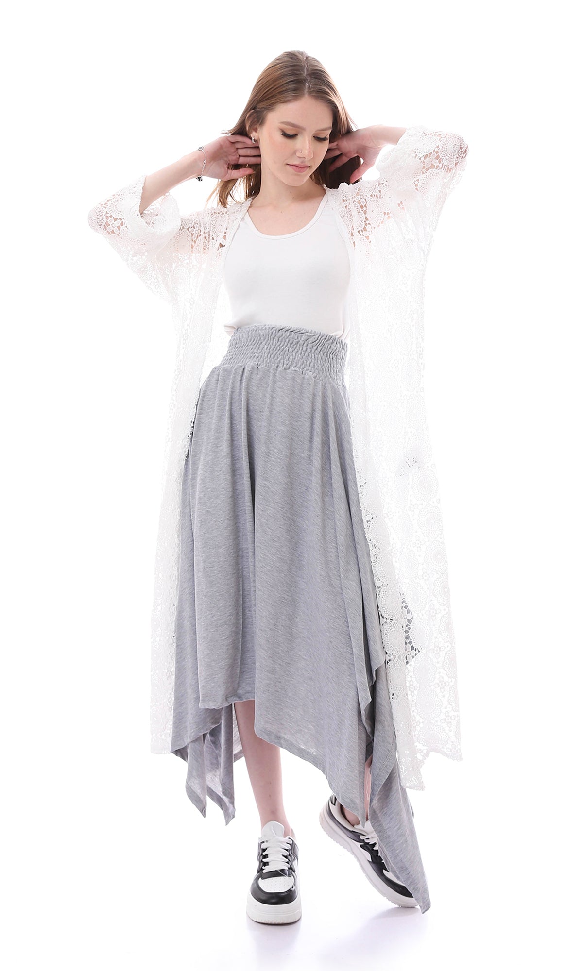 O167087 Casual Heather Grey Asymmetrical Skirt With Elastic Waist