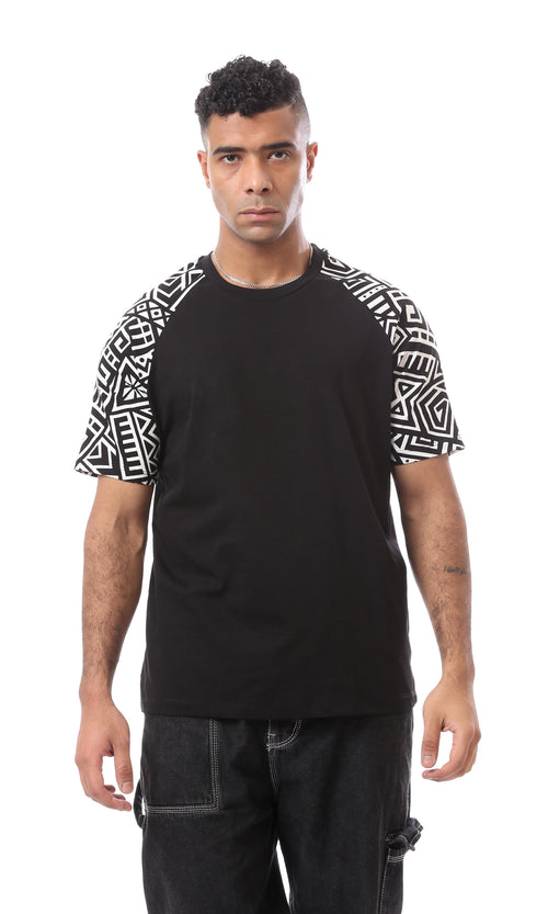 O167191 Patterned Sleeves Black Slip On Tee