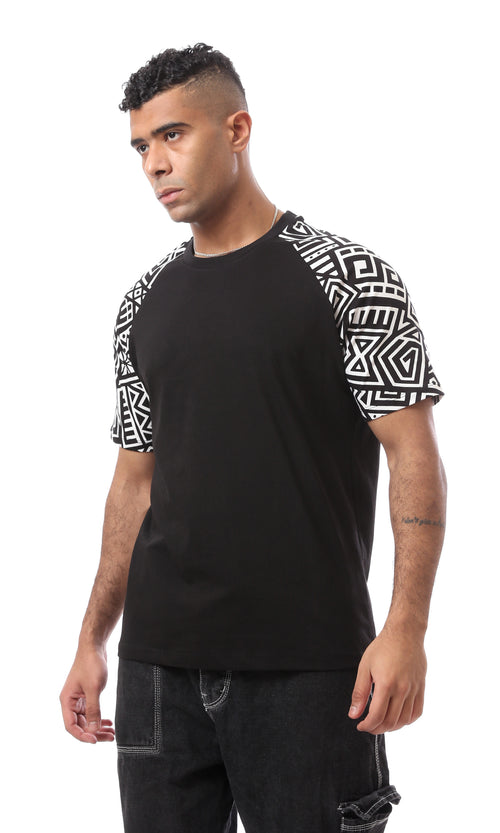 O167191 Patterned Sleeves Black Slip On Tee