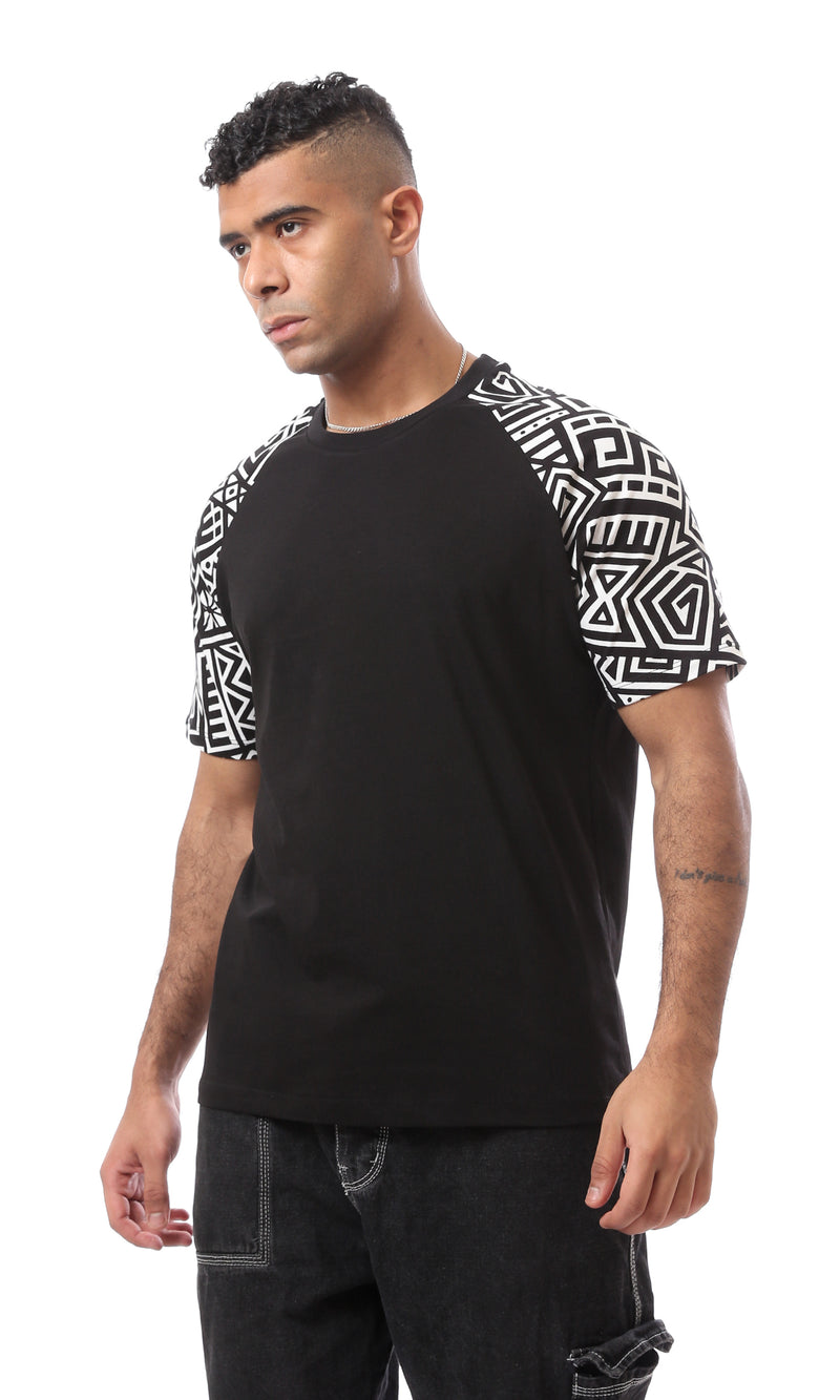 O167191 Patterned Sleeves Black Slip On Tee