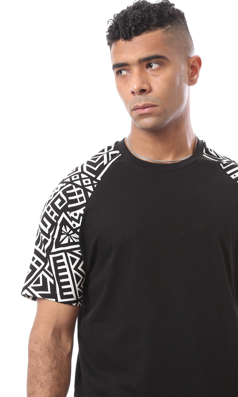 O167191 Patterned Sleeves Black Slip On Tee