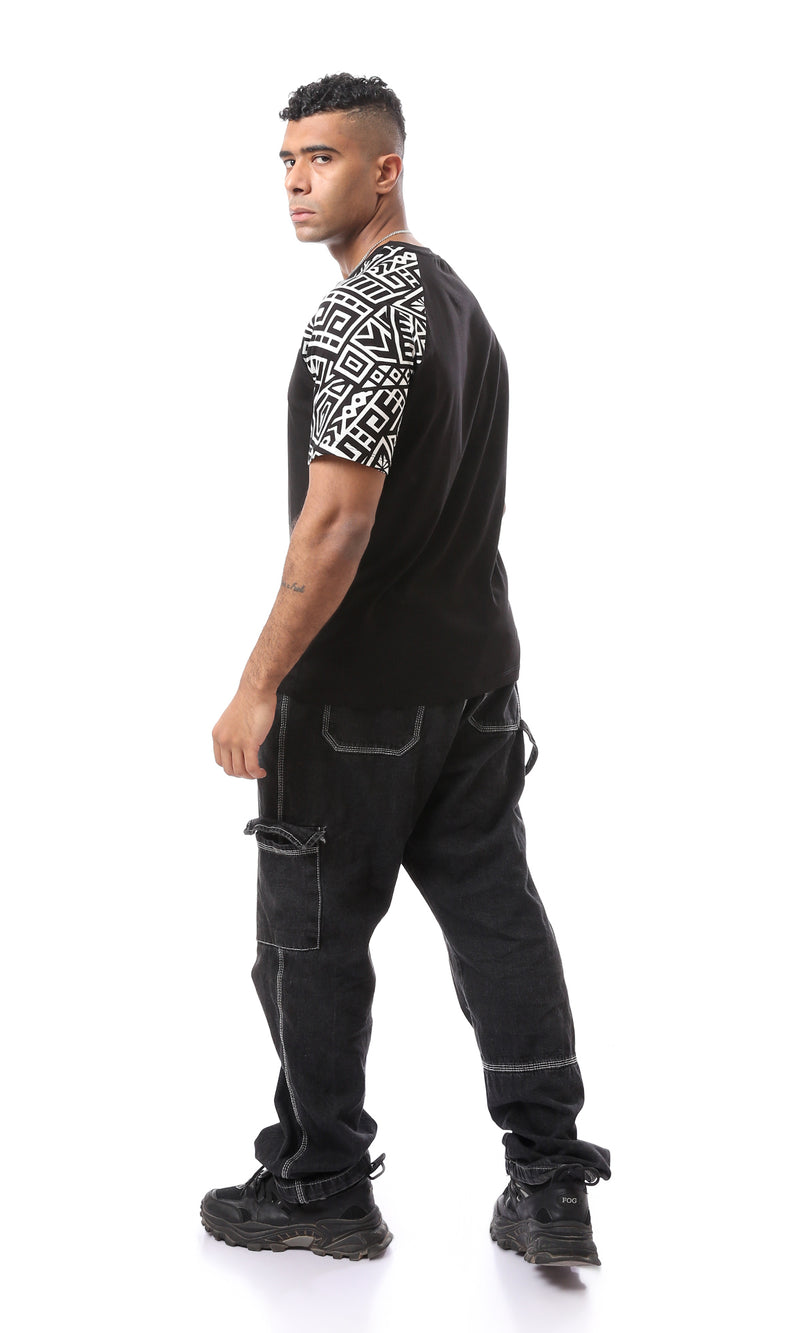 O167191 Patterned Sleeves Black Slip On Tee