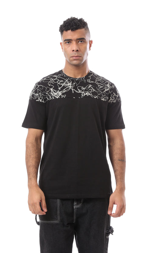 O167193 Patterned Shoulders Regular Fit Casual Black Tee