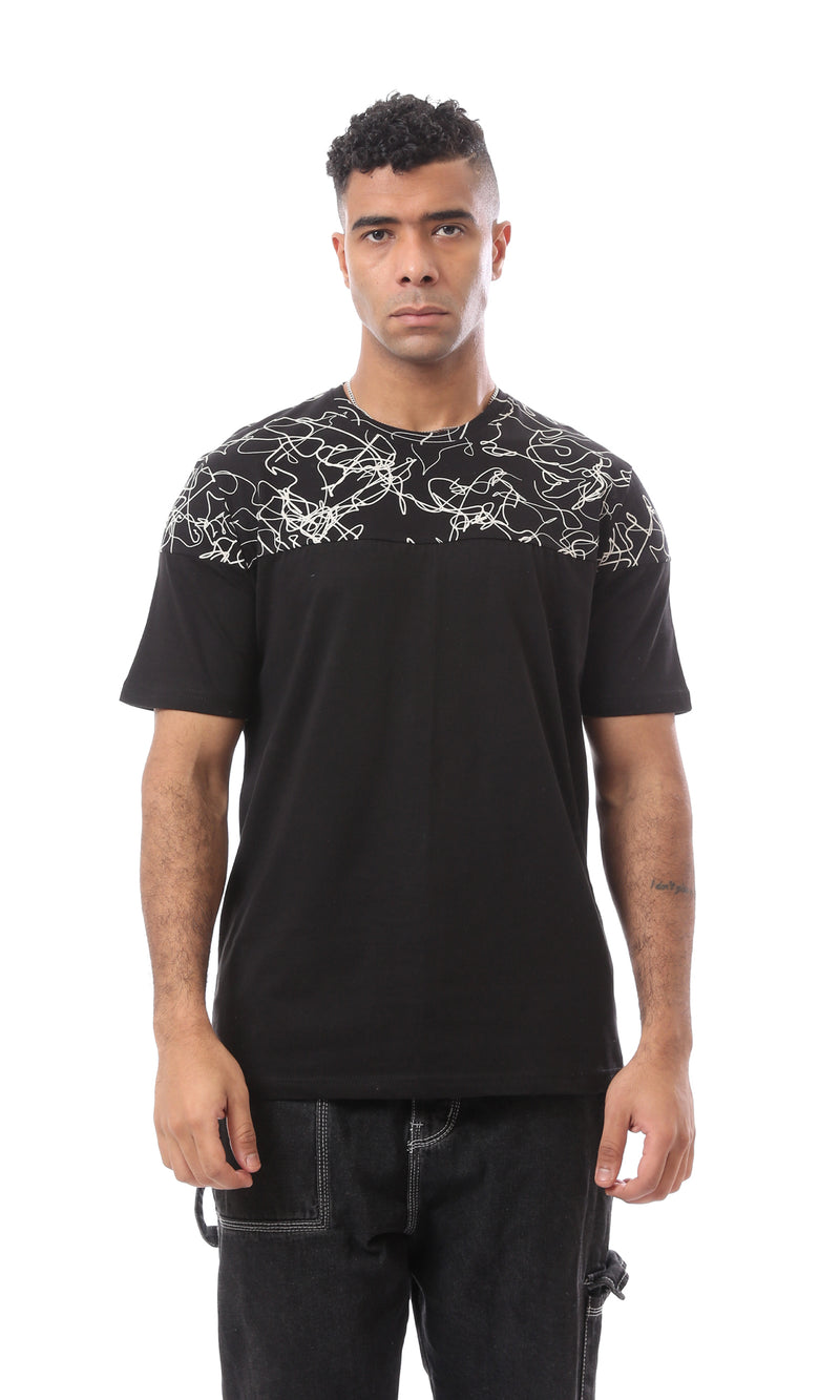 O167193 Patterned Shoulders Regular Fit Casual Black Tee