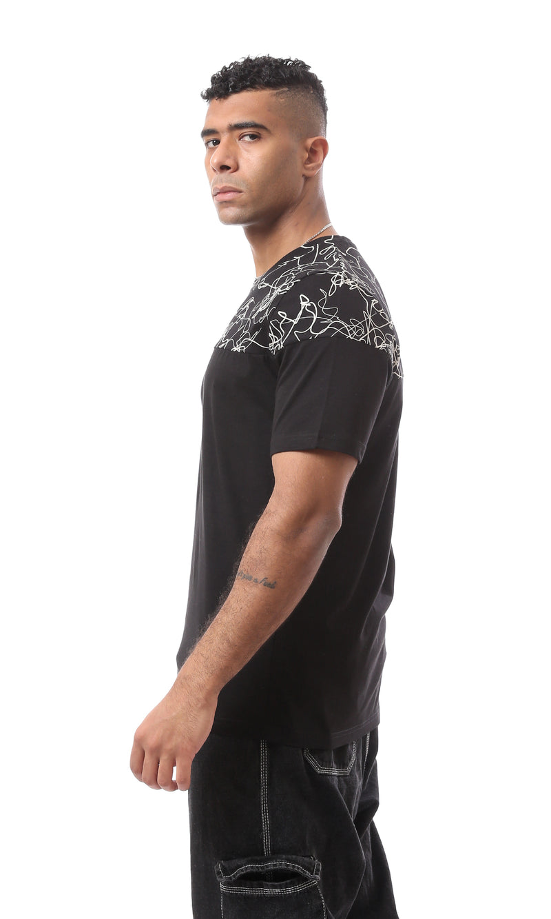 O167193 Patterned Shoulders Regular Fit Casual Black Tee