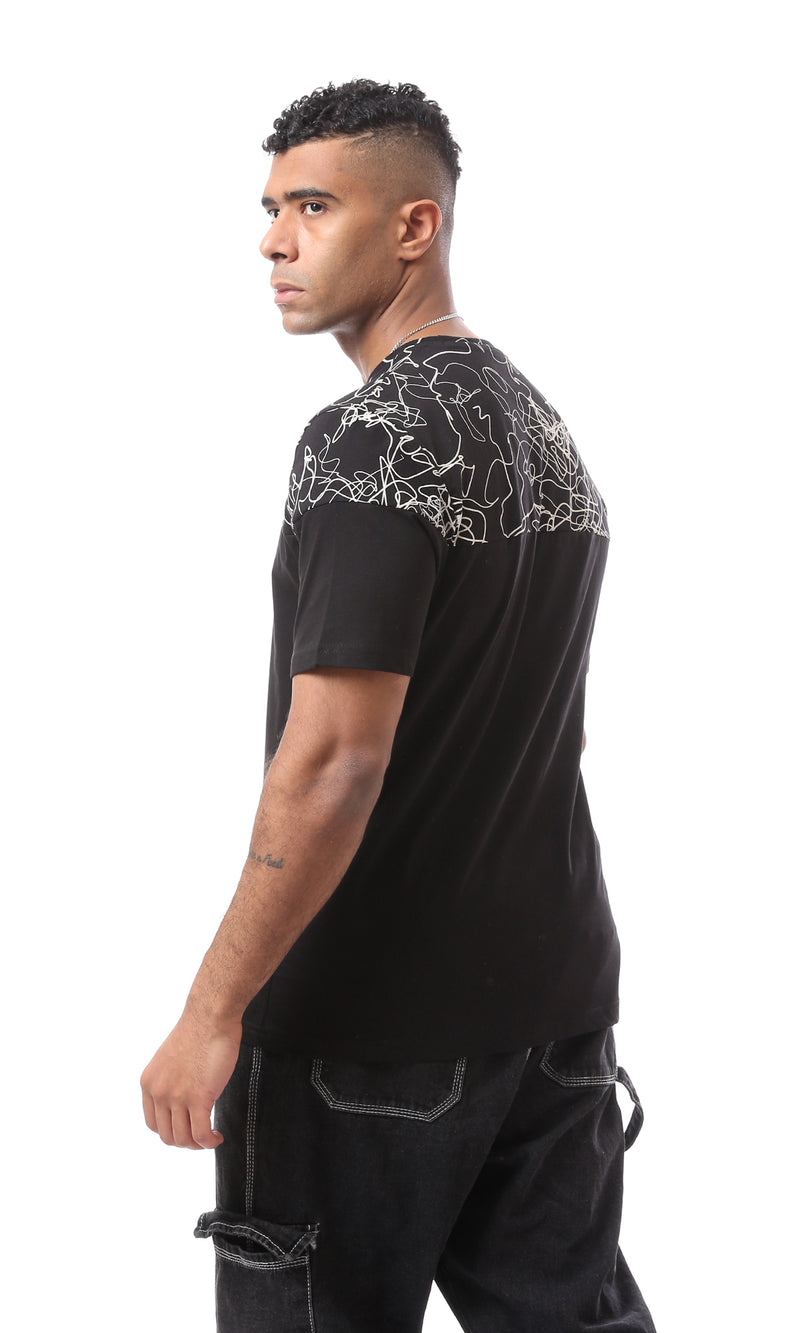 O167193 Patterned Shoulders Regular Fit Casual Black Tee