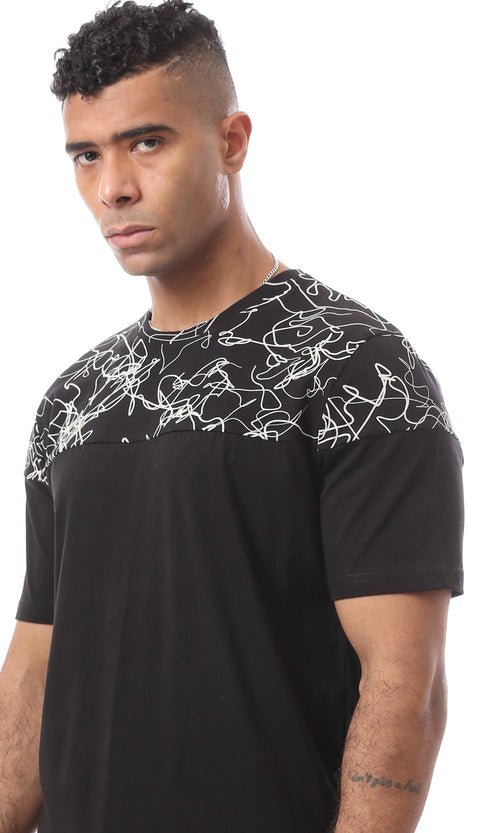 O167193 Patterned Shoulders Regular Fit Casual Black Tee