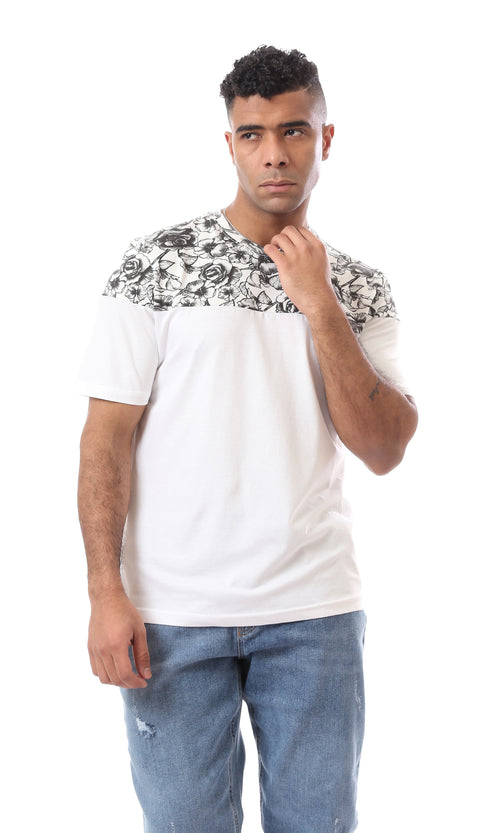 O167194 Floral Shoulders Round Neck White Tee