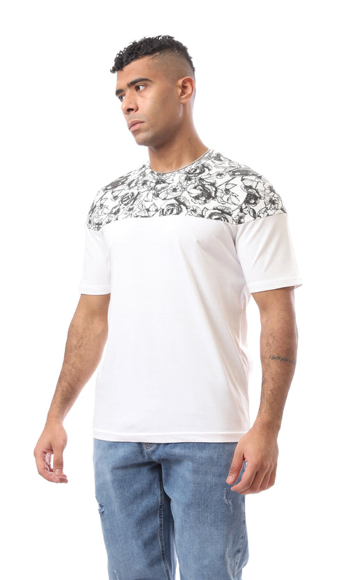 O167194 Floral Shoulders Round Neck White Tee