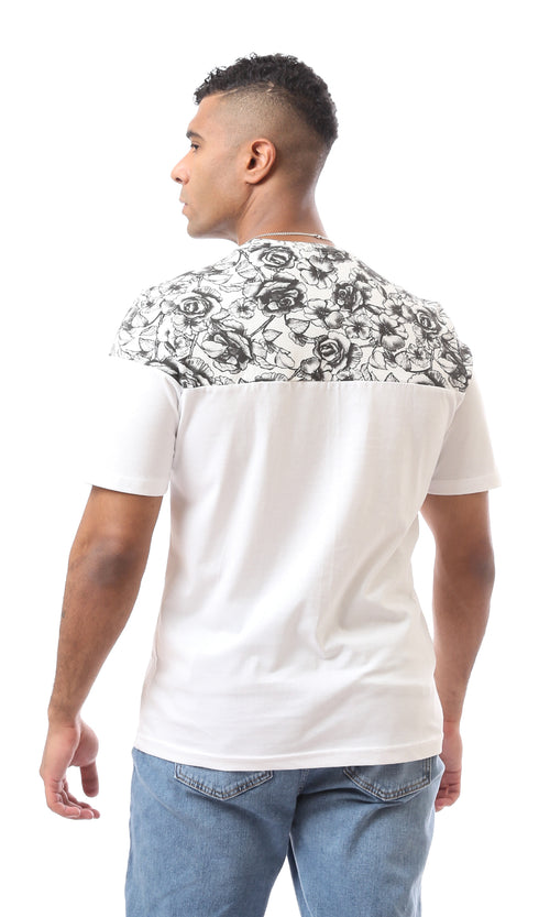 O167194 Floral Shoulders Round Neck White Tee