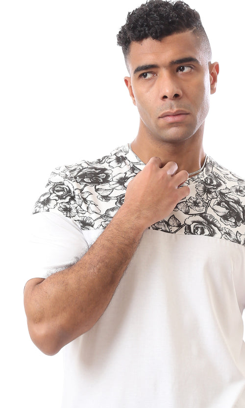 O167194 Floral Shoulders Round Neck White Tee