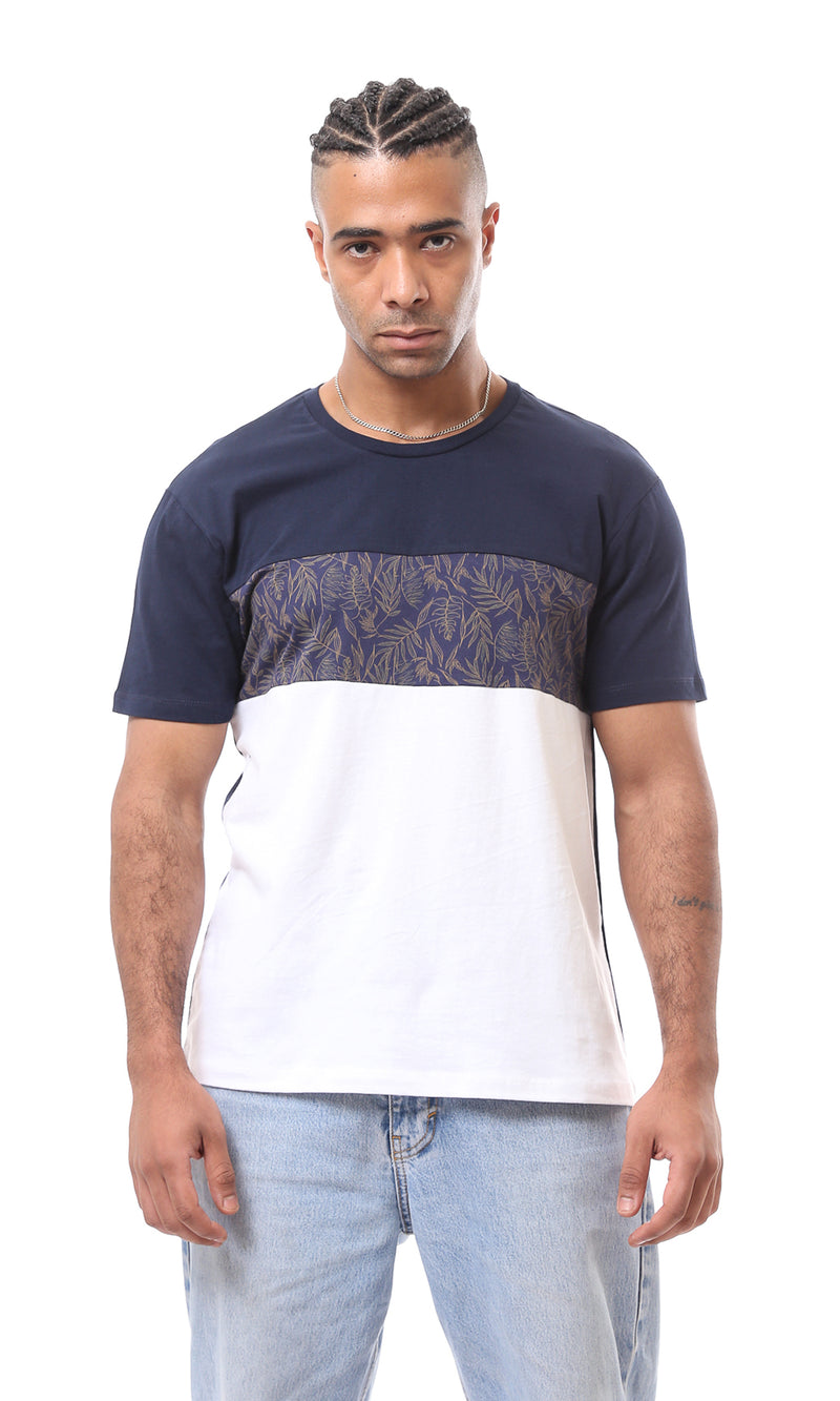 تيشيرت منقوش بأكمام قصير بلونين أبيض & أزرق غامق