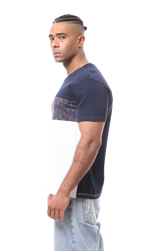 O167196 Bi-Tone White & Navy Solid & Patterned Short Sleeves Tee