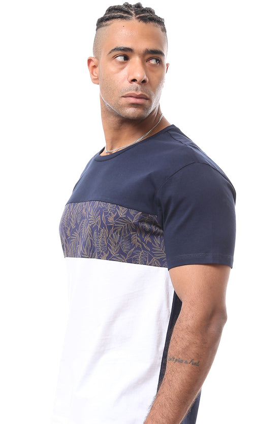 O167196 Bi-Tone White & Navy Solid & Patterned Short Sleeves Tee