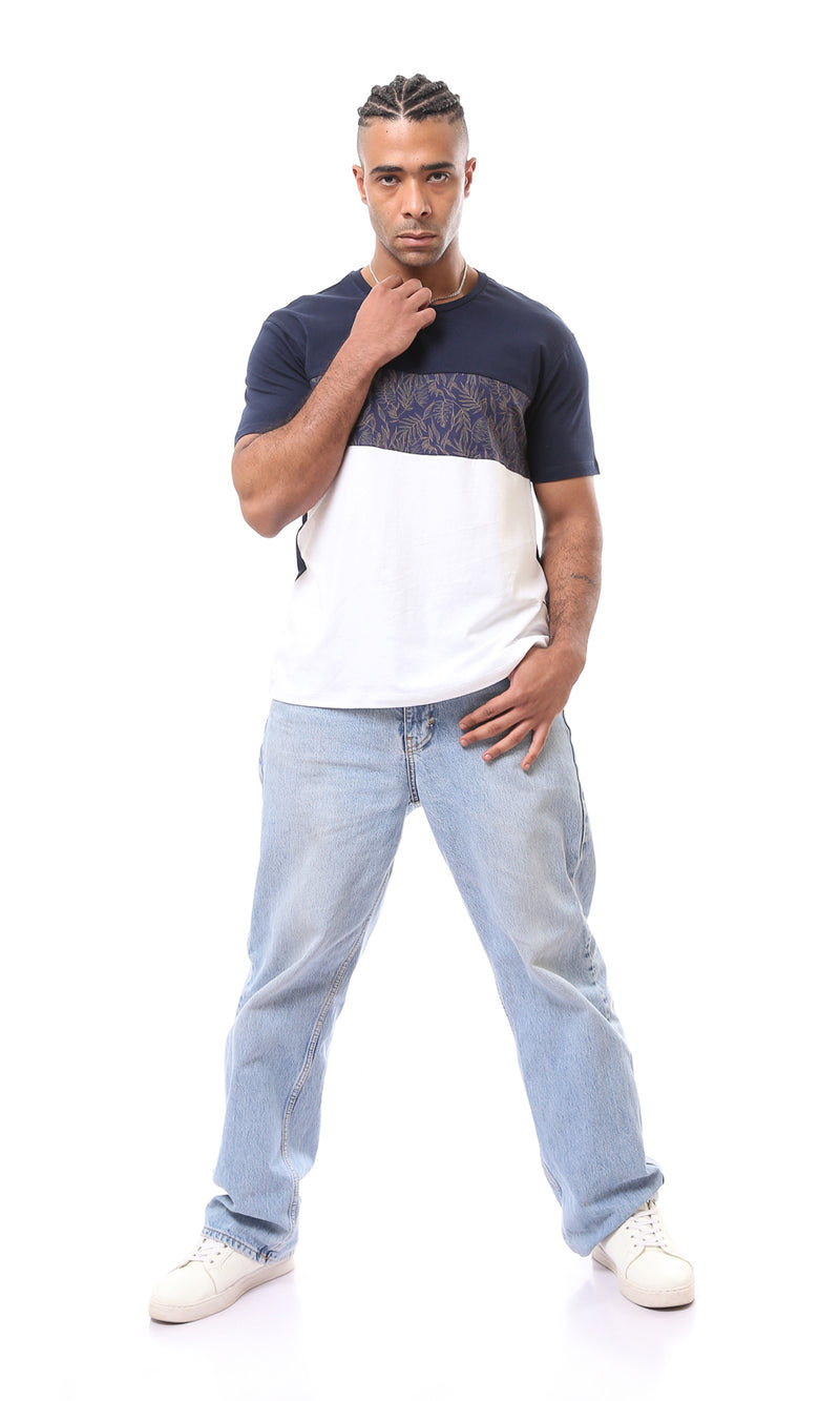 تيشيرت منقوش بأكمام قصير بلونين أبيض & أزرق غامق