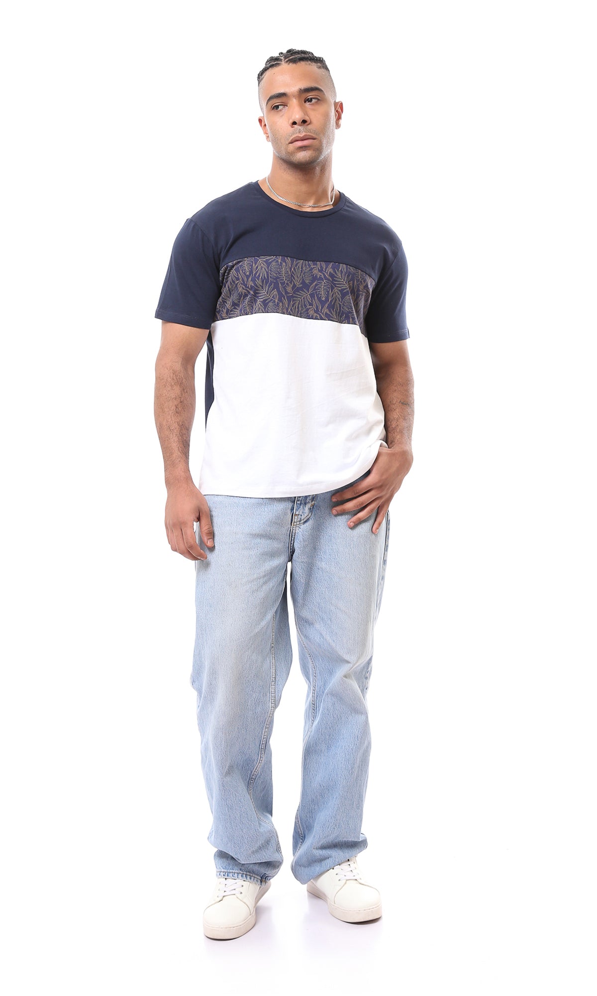 O167196 Bi-Tone White & Navy Solid & Patterned Short Sleeves Tee