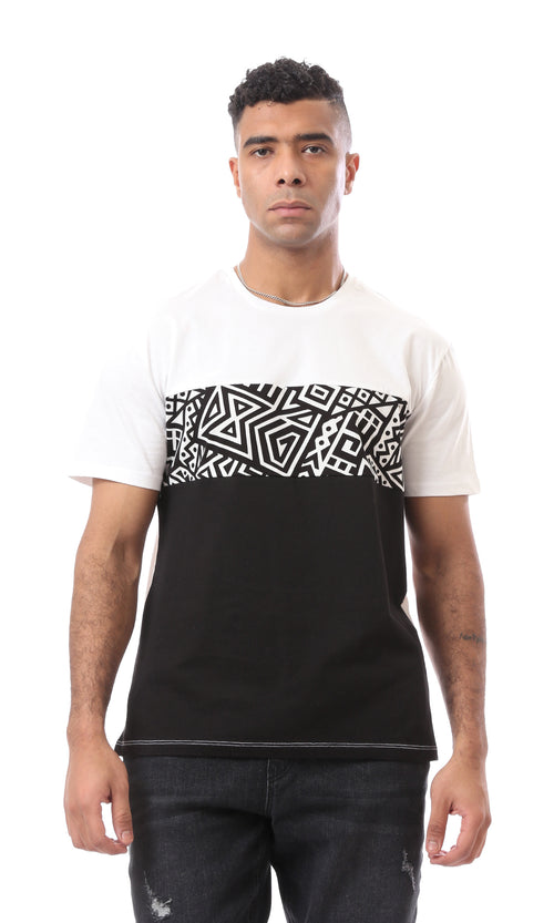 O167197 Bi-Tone White & Black Solid With Patterned Regular Tee