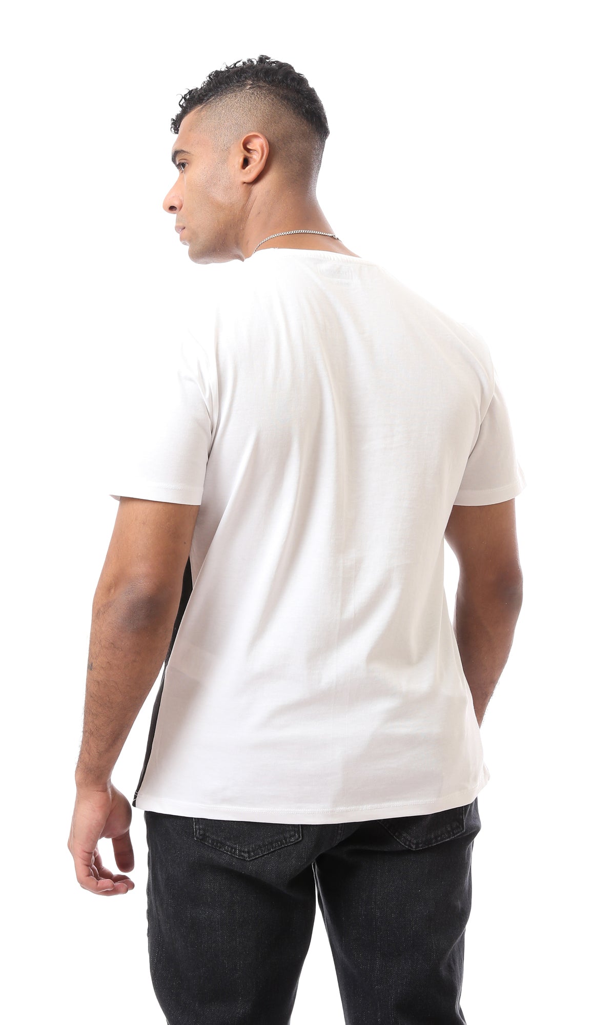 O167197 Bi-Tone White & Black Solid With Patterned Regular Tee