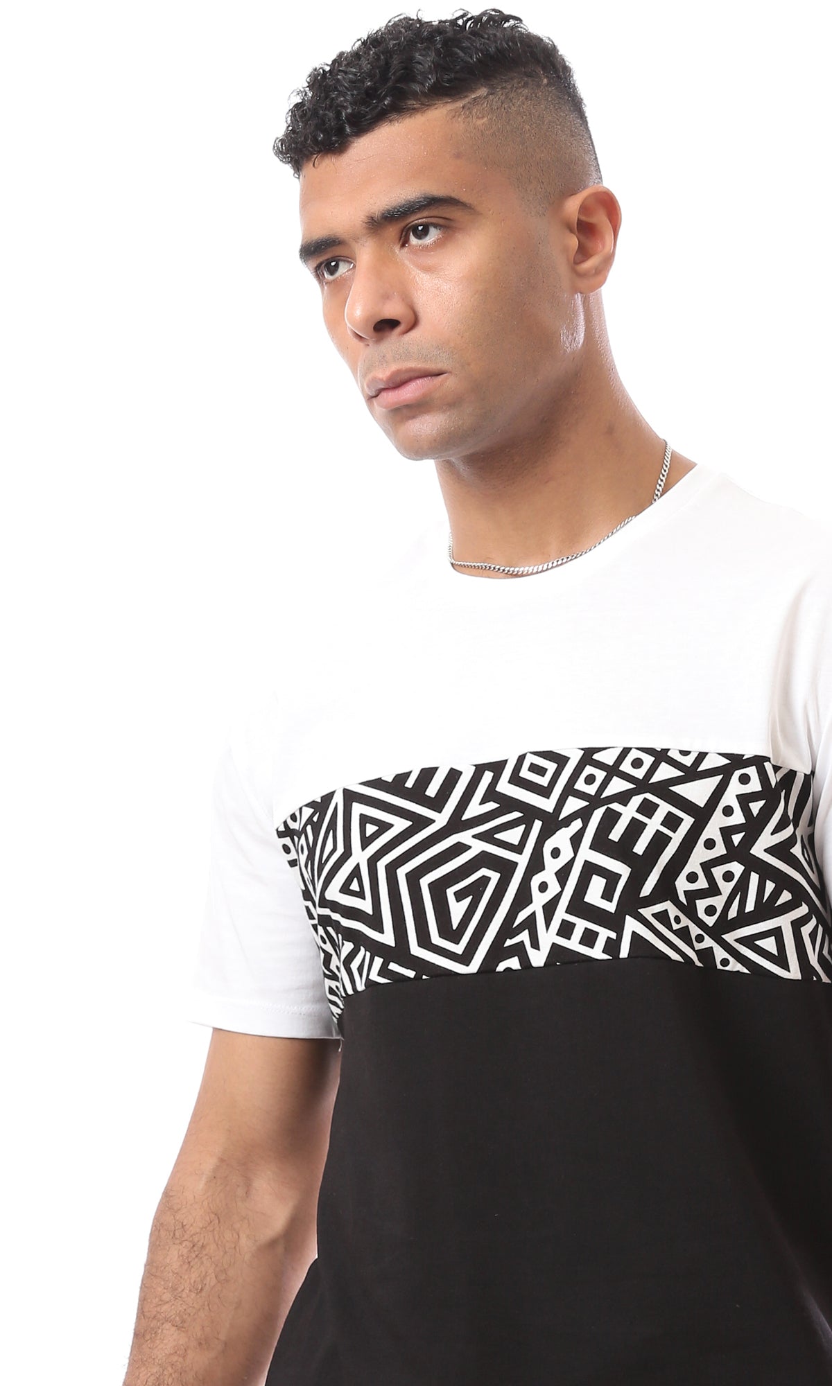 O167197 Bi-Tone White & Black Solid With Patterned Regular Tee