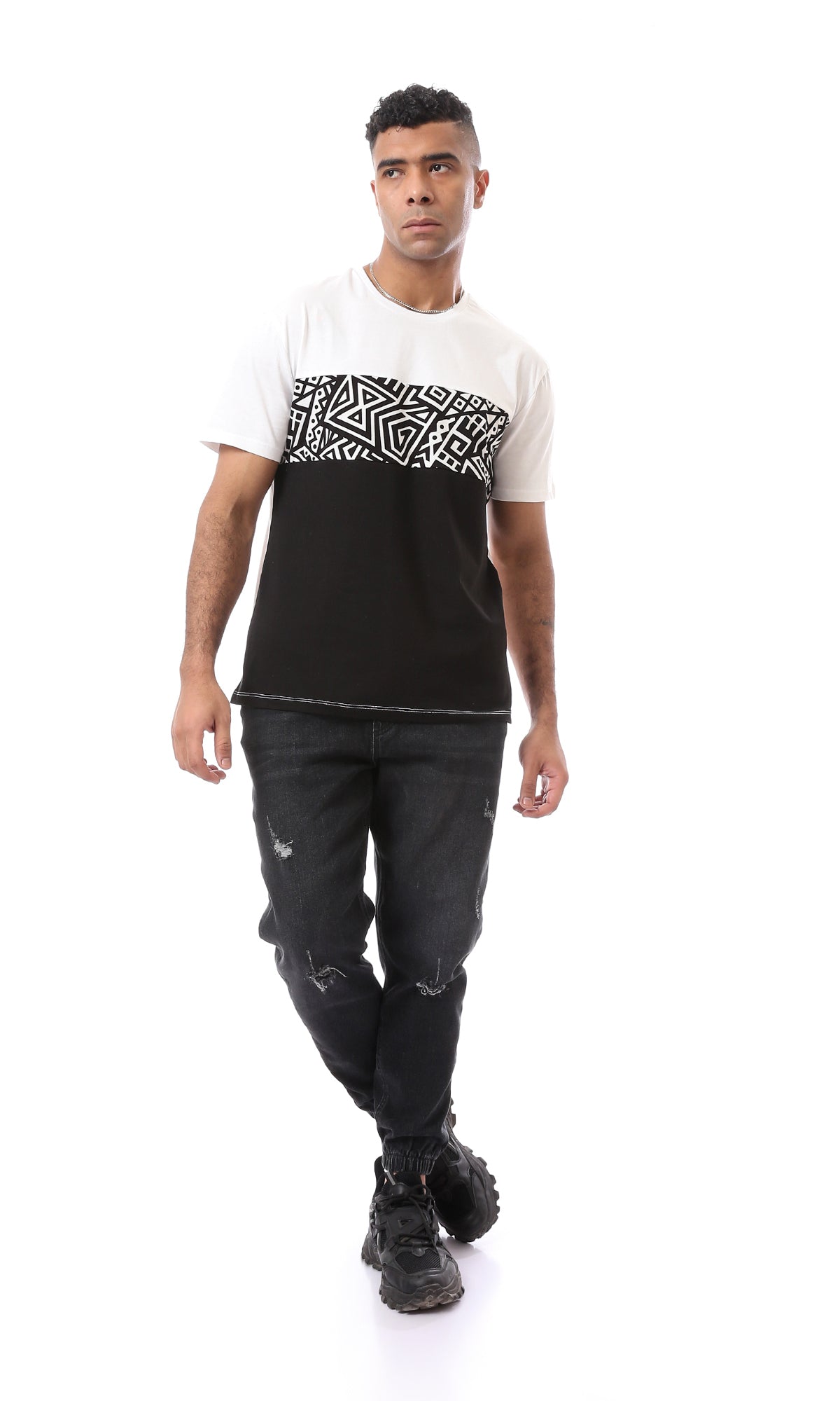 O167197 Bi-Tone White & Black Solid With Patterned Regular Tee