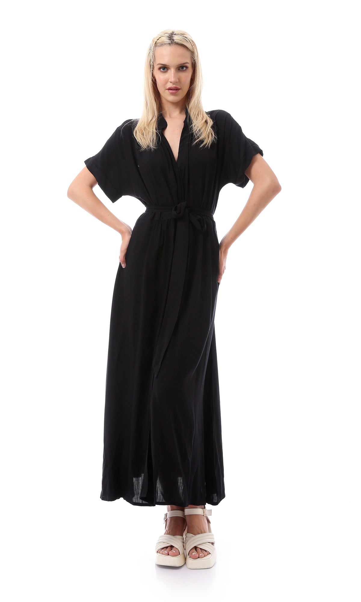 O167205 Women Short Sleeves Black Solid Basic Maxi Dress