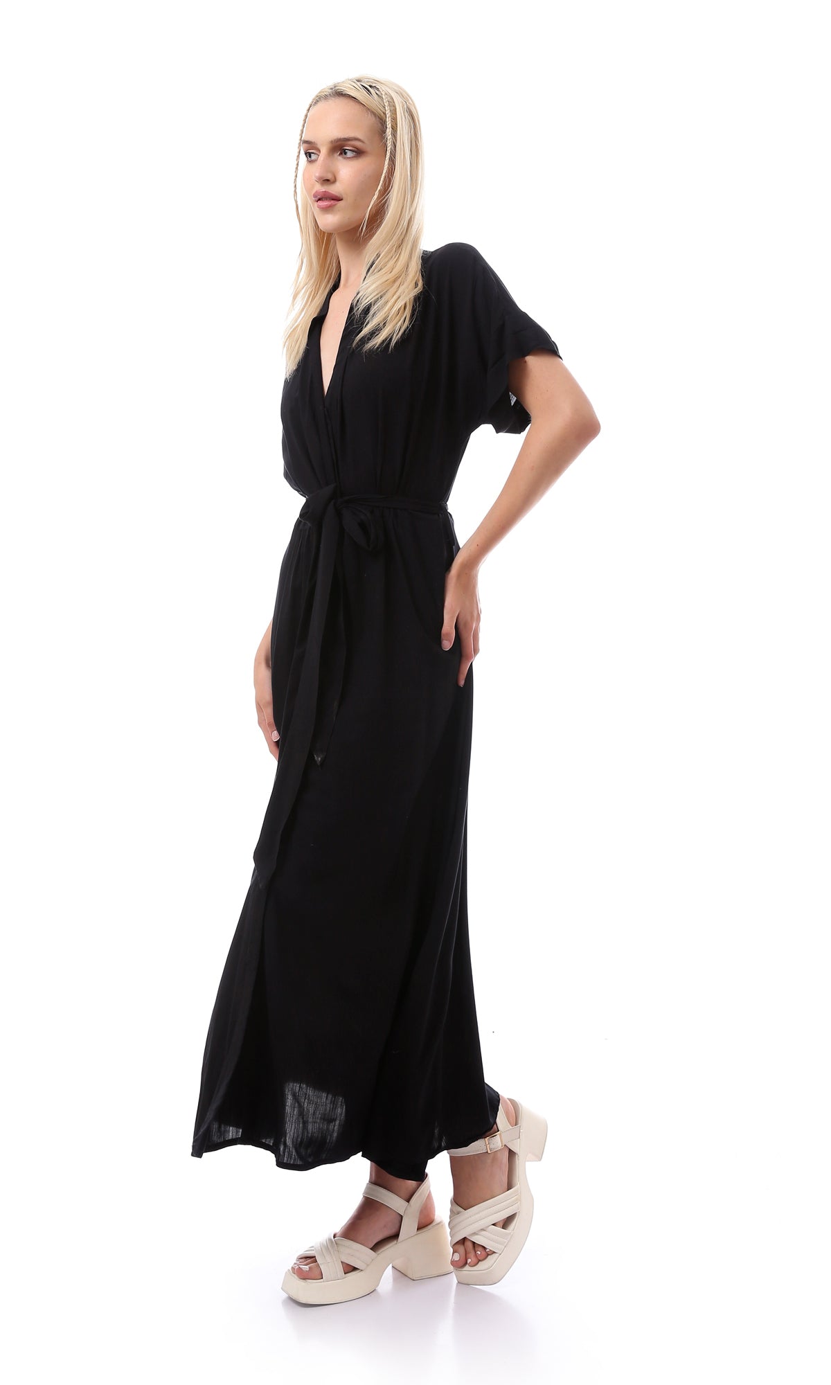 O167205 Women Short Sleeves Black Solid Basic Maxi Dress