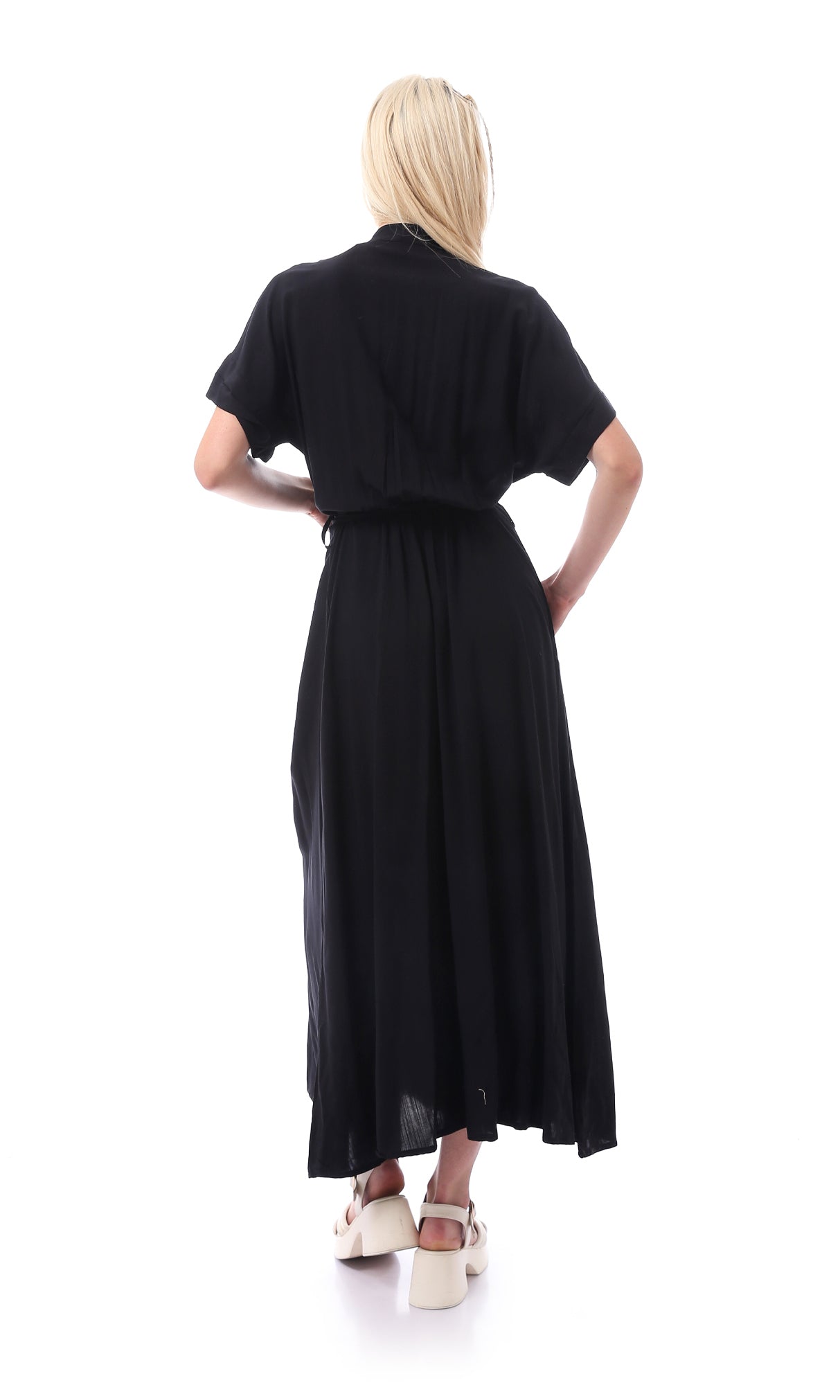 O167205 Women Short Sleeves Black Solid Basic Maxi Dress