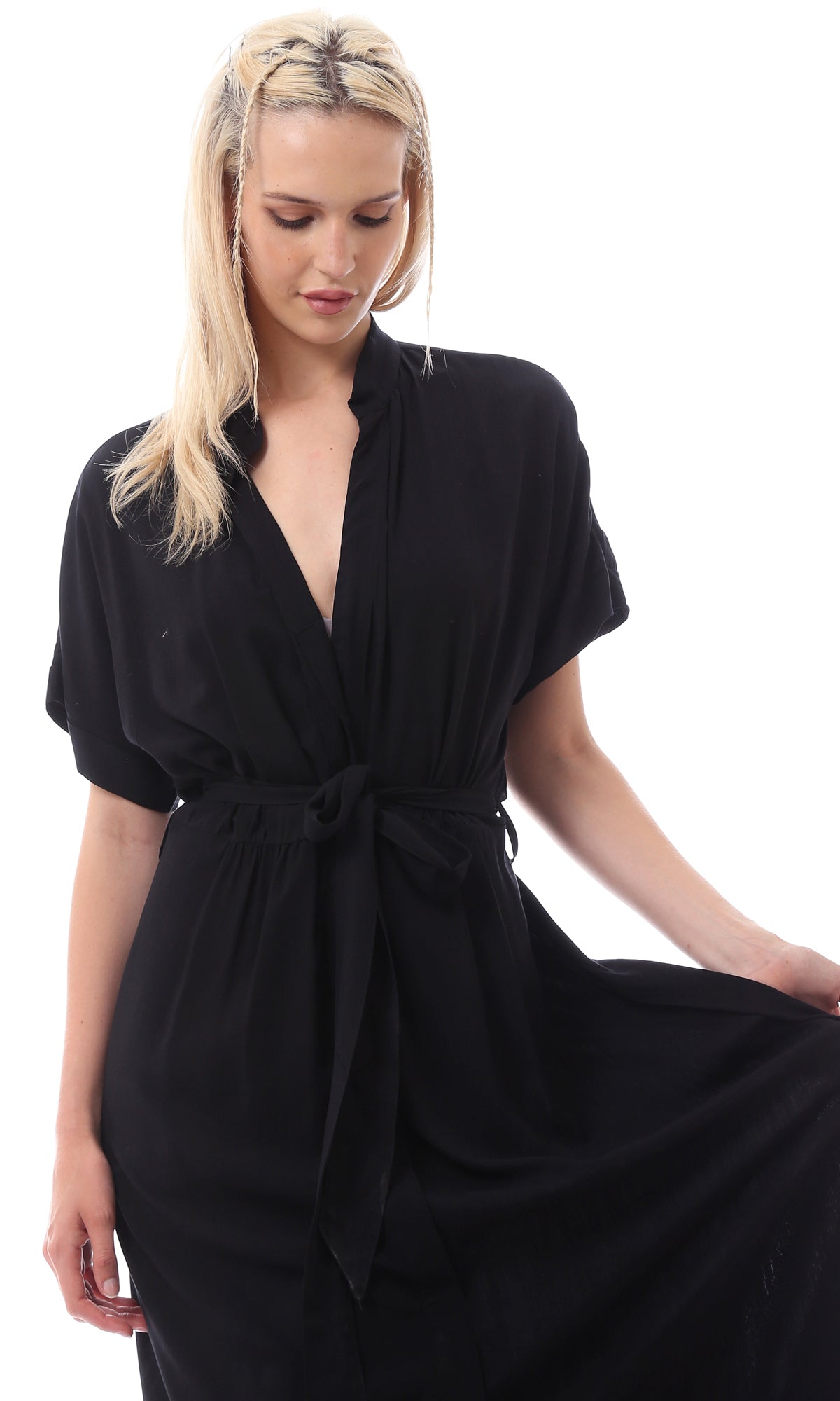 O167205 Women Short Sleeves Black Solid Basic Maxi Dress