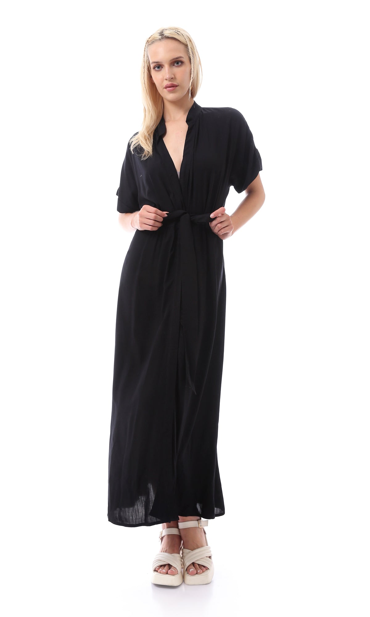 O167205 Women Short Sleeves Black Solid Basic Maxi Dress
