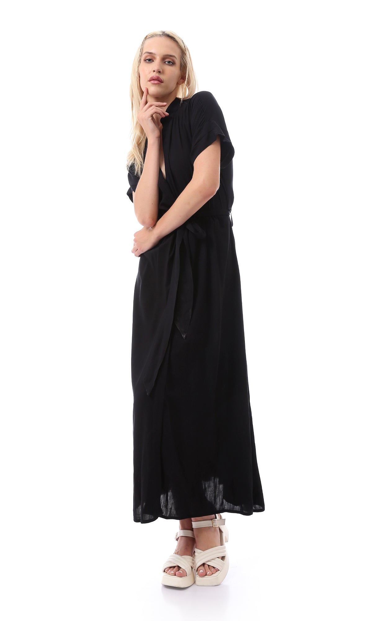 O167205 Women Short Sleeves Black Solid Basic Maxi Dress