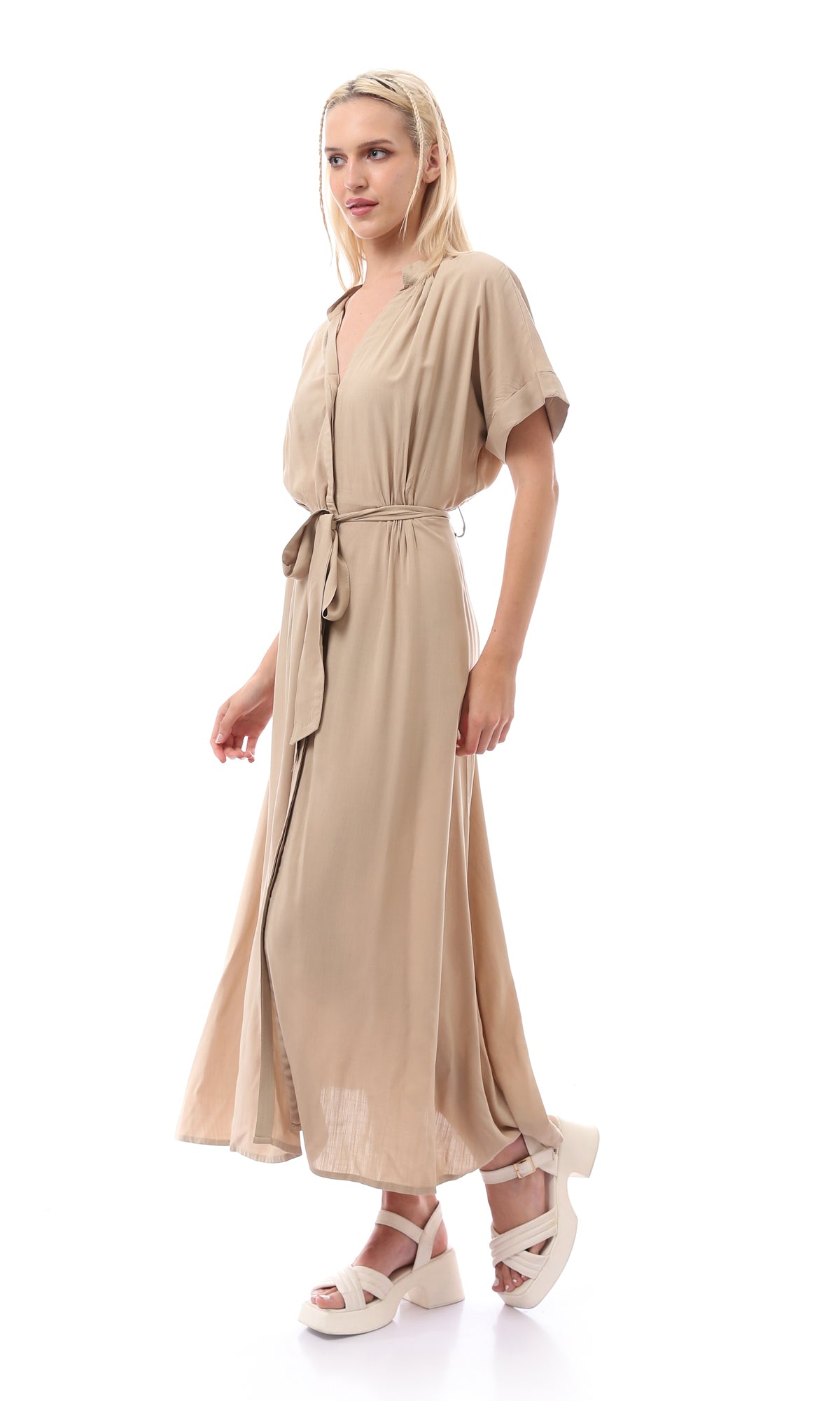 O167206 Women Short Sleeves Biege Maxi Dress