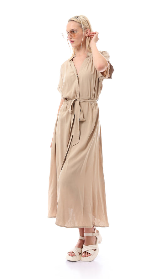 O167206 Women Short Sleeves Biege Maxi Dress