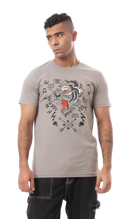 O167308 Tiger Ride Free Front & Back Printed Light Taupe Tee