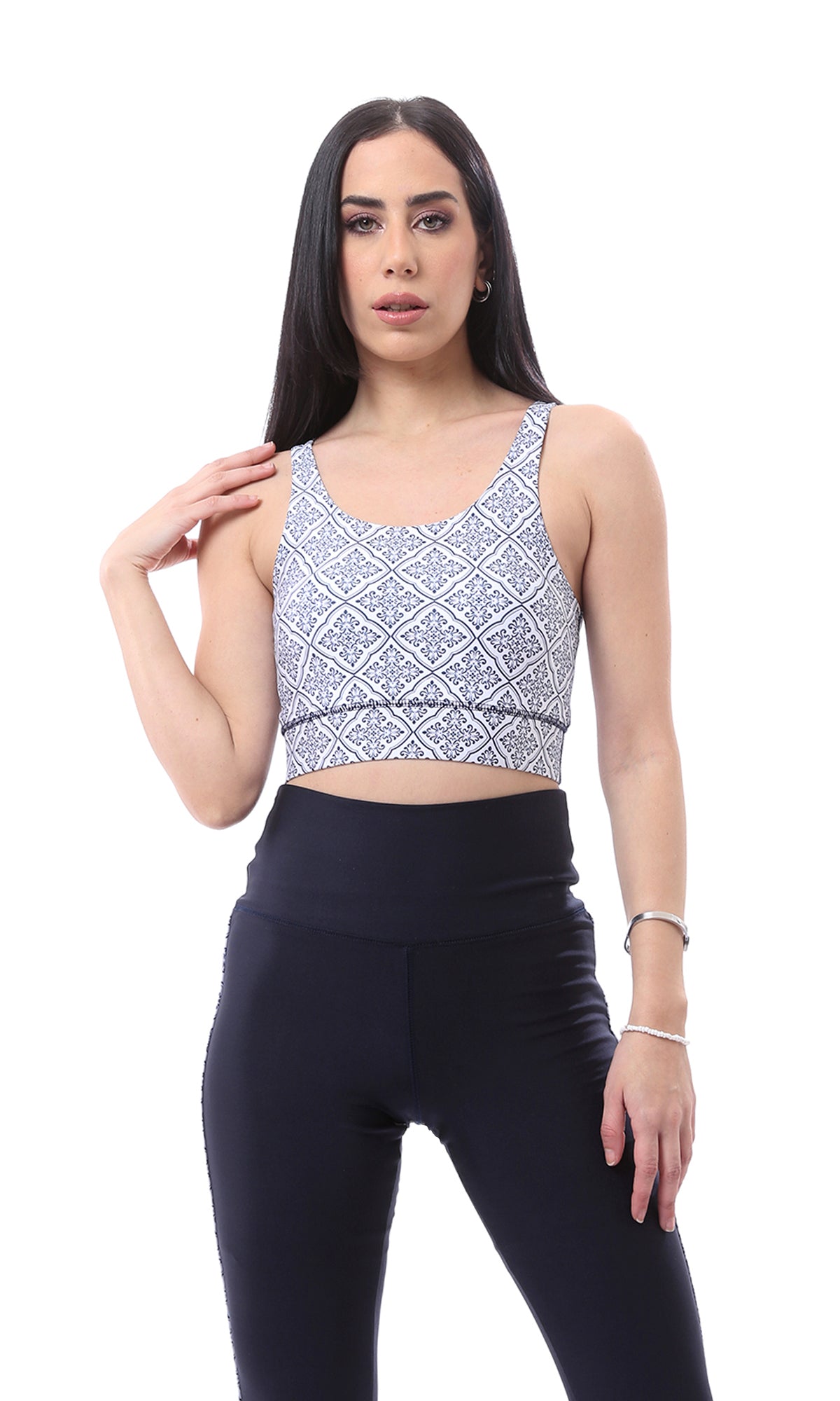 O167533 Cross Back Damask Non-Padded Sports Bra - Navy Blue & White