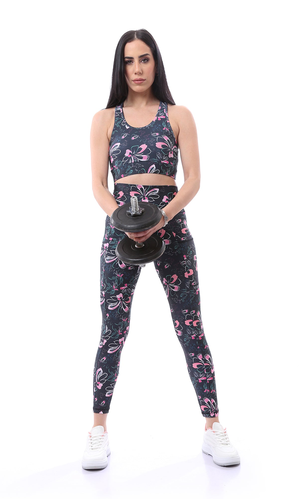 O167560 Round Neck Floral Slip On Black & Pink Sports Bra