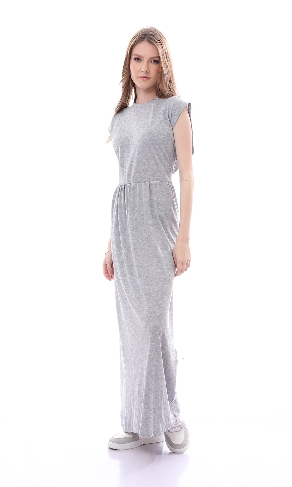 O167567 Cotton Heather Grey Cap Sleeves Dress With Elastic Waist