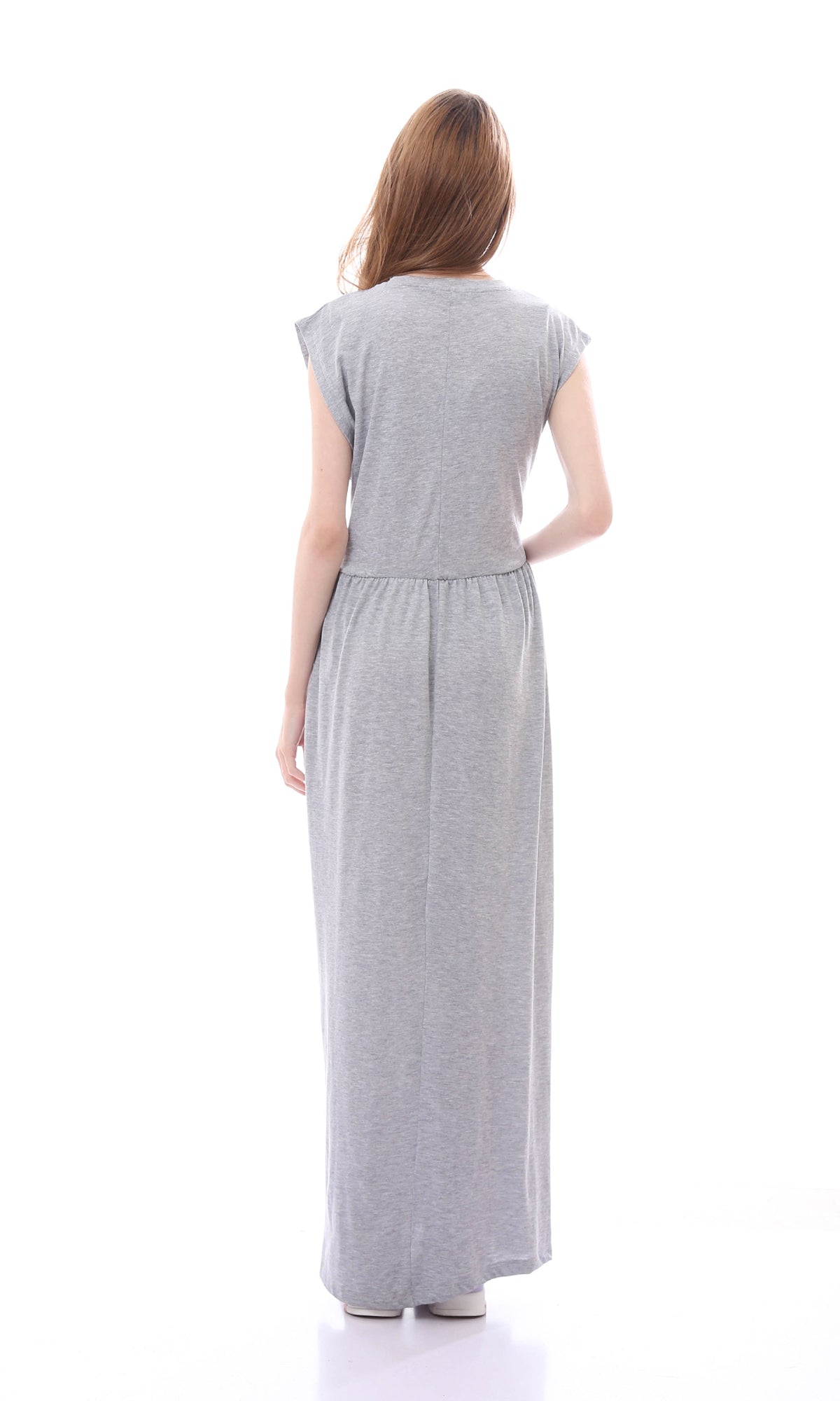 O167567 Cotton Heather Grey Cap Sleeves Dress With Elastic Waist