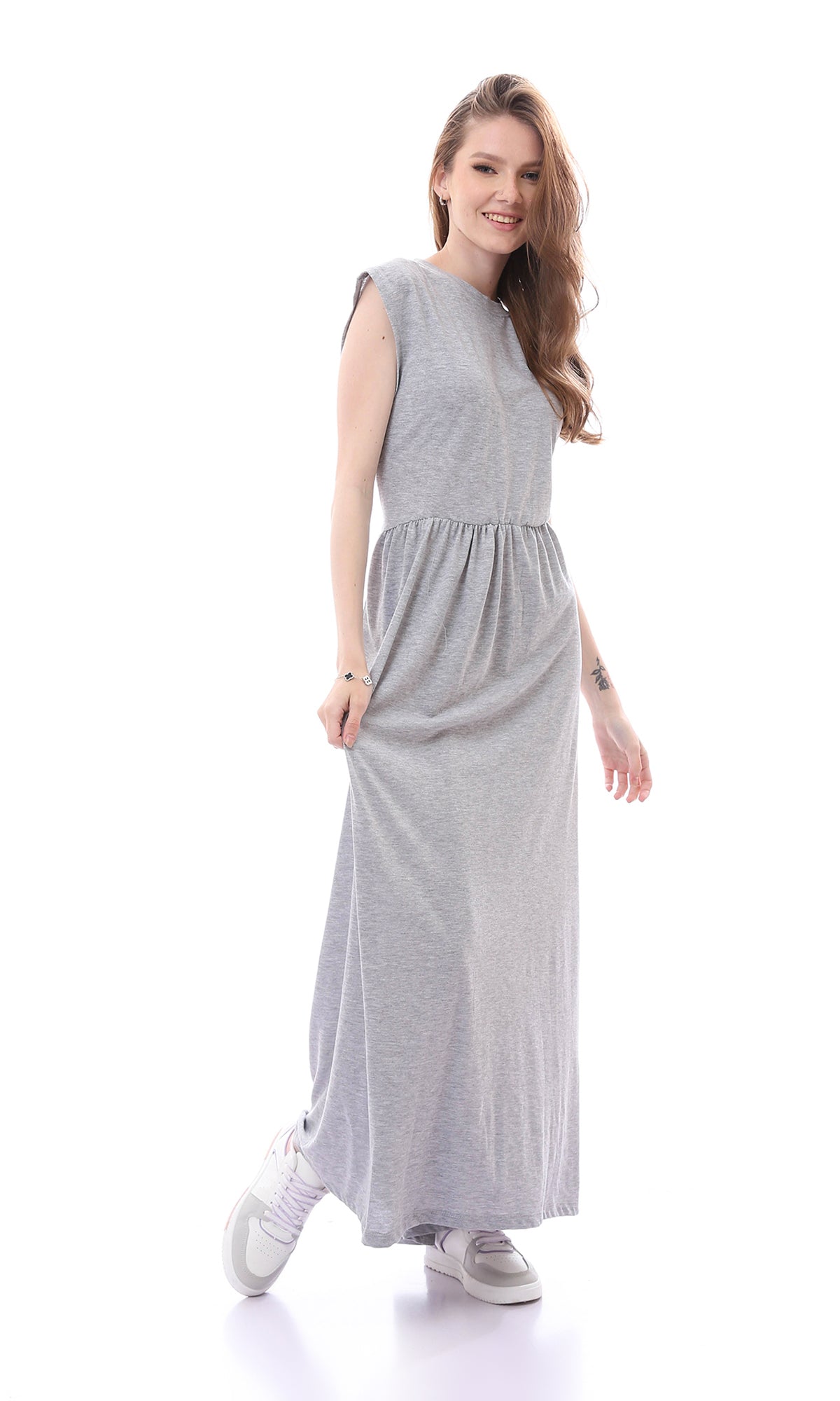 O167567 Cotton Heather Grey Cap Sleeves Dress With Elastic Waist