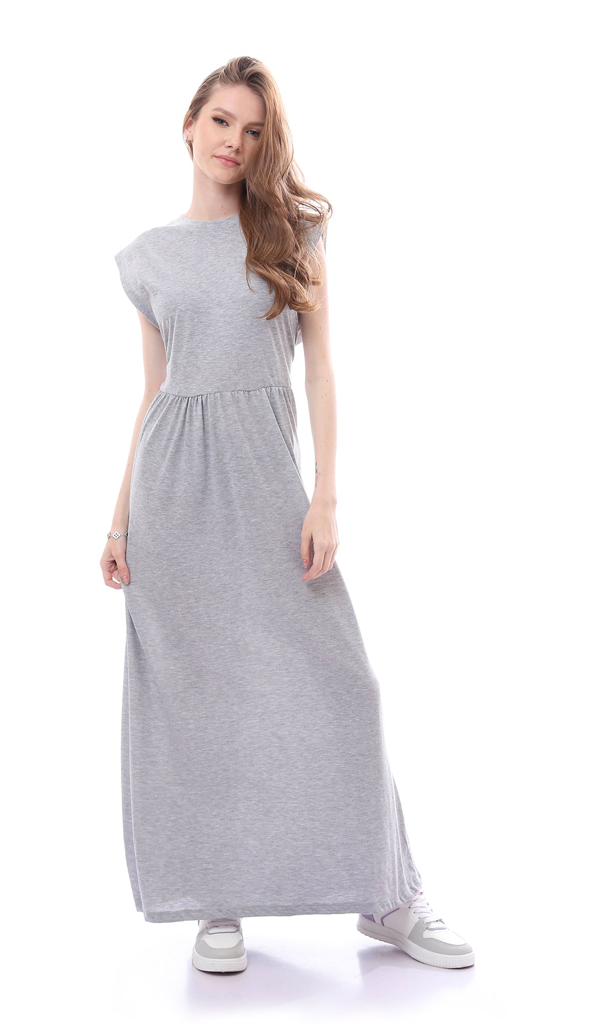 O167567 Cotton Heather Grey Cap Sleeves Dress With Elastic Waist