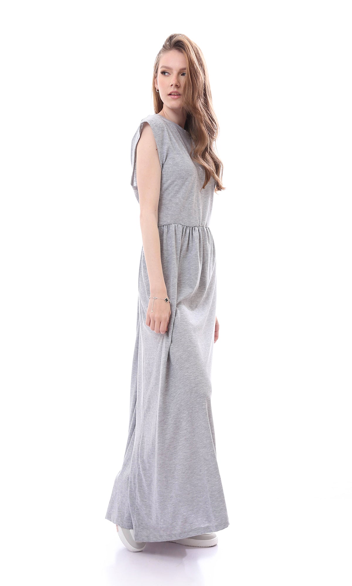 O167567 Cotton Heather Grey Cap Sleeves Dress With Elastic Waist