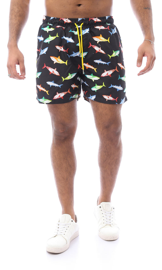 O167847 Colorful Sharks Slip On Black Swim Shorts