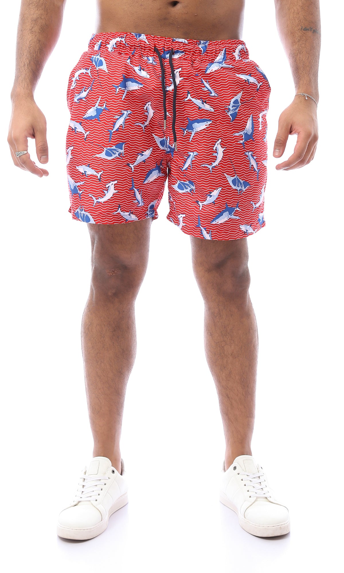 O167848 Sharks With Zigzag Swim Shorts - Red & Blue
