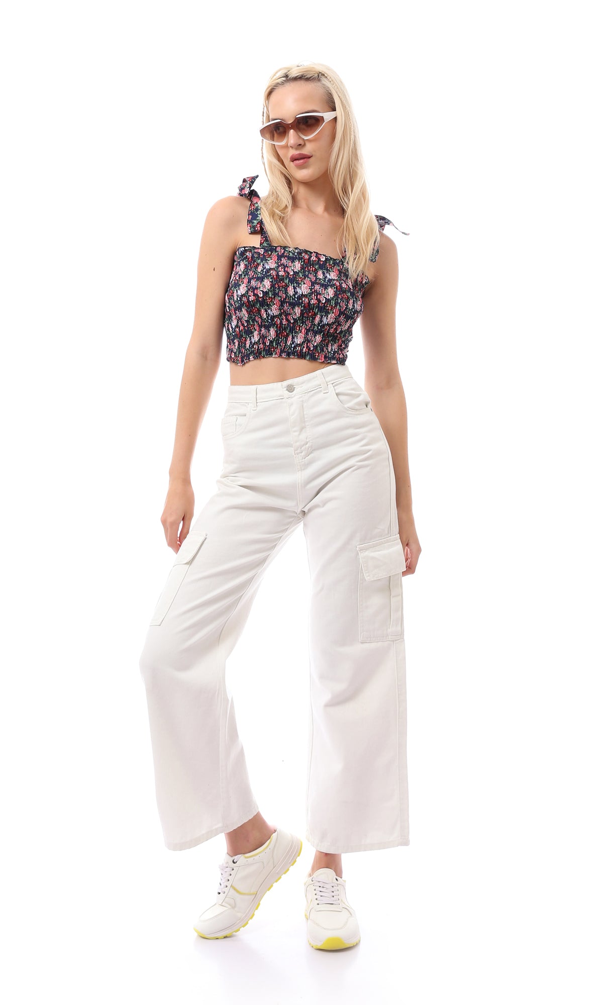 Floral Smocked Tie-Shoulder Crop Top - 0167897
